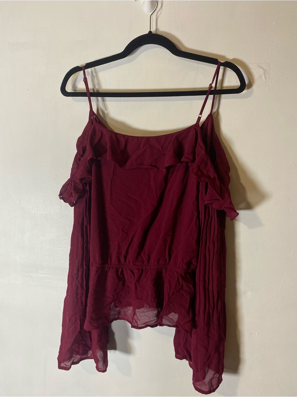 Romantic Wine Red Cold Shoulder Crop Top XL Bell Sleeve Ruffle‎ Faux Wrap Boho - Picture 7 of 9